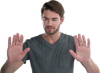 Man pretending to touch an invisible screen
