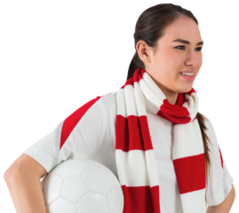 Smiling football fan in white holding ball