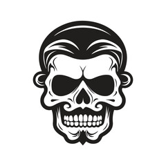 skull with moustache, logo concept black and white color, hand drawn illustration