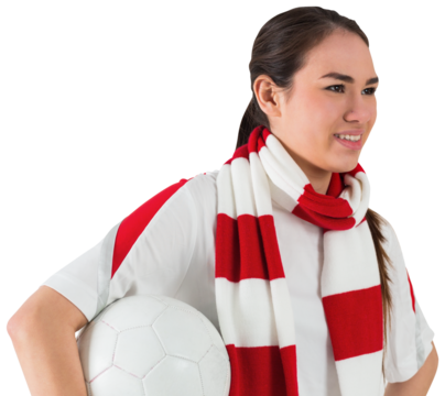 Smiling football fan in white holding ball - Powered by Adobe