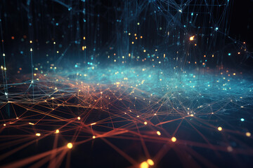 Data background of wires and glowing particles. Generative AI