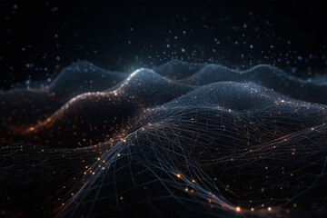 Data background of wires and glowing particles. Generative AI
