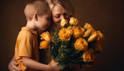 Little boy holding flowers, hugging his mother and celebrating mother's day. Generative AI