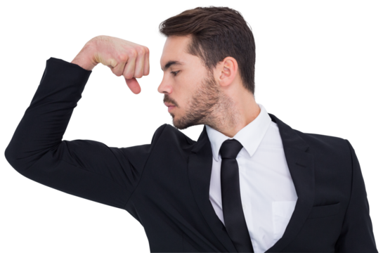 Cheerful businessman tensing arm muscle - Powered by Adobe