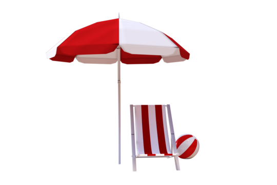 Digital composite image of striped folding chair and parasol with ball