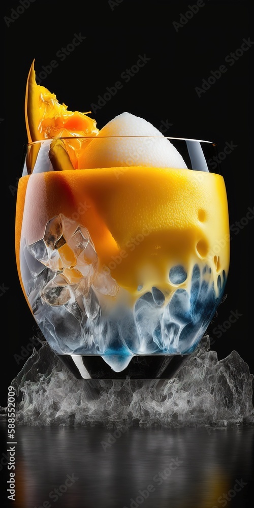 Poster mango juice based healthy drink with ice and a dark backdrop. the subject matter is static. free bla