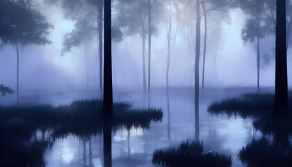 Fototapeta premium 霧のある林の風景 Generative AI