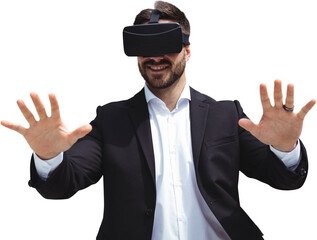 Smiling businessman using virtual reality glasses