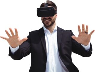 Smiling businessman using virtual reality glasses