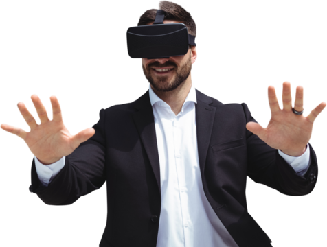 Smiling businessman using virtual reality glasses