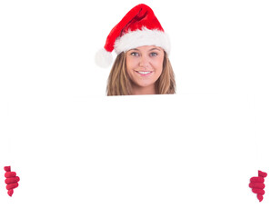 Festive blonde holding a poster