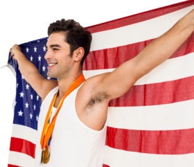 Athlete posing with gold medals after victory