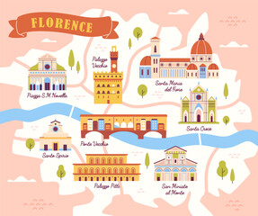 Map of Florence. Plan of Italian city with sights. Tourism and travel. Traditiopnal buildings and architecture, landmarks. Santa Maria del Fiore, Ponte Vecchio. Cartoon flat vector illustration