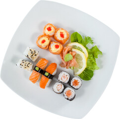High angle view of sushi served in white plate