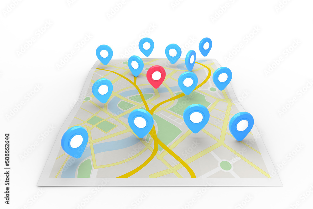 Poster red pointer surrounded by blue markers on world map