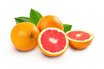 Grapefruit with half and leaves on white background.