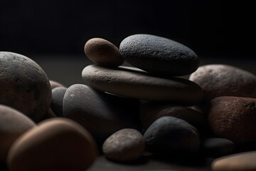 A pile of flat stones in a macro shot showcasing their shapes and sizes. Generative AI