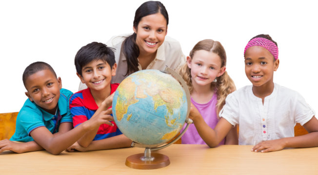 Cute pupils and teacher looking at globe in library 