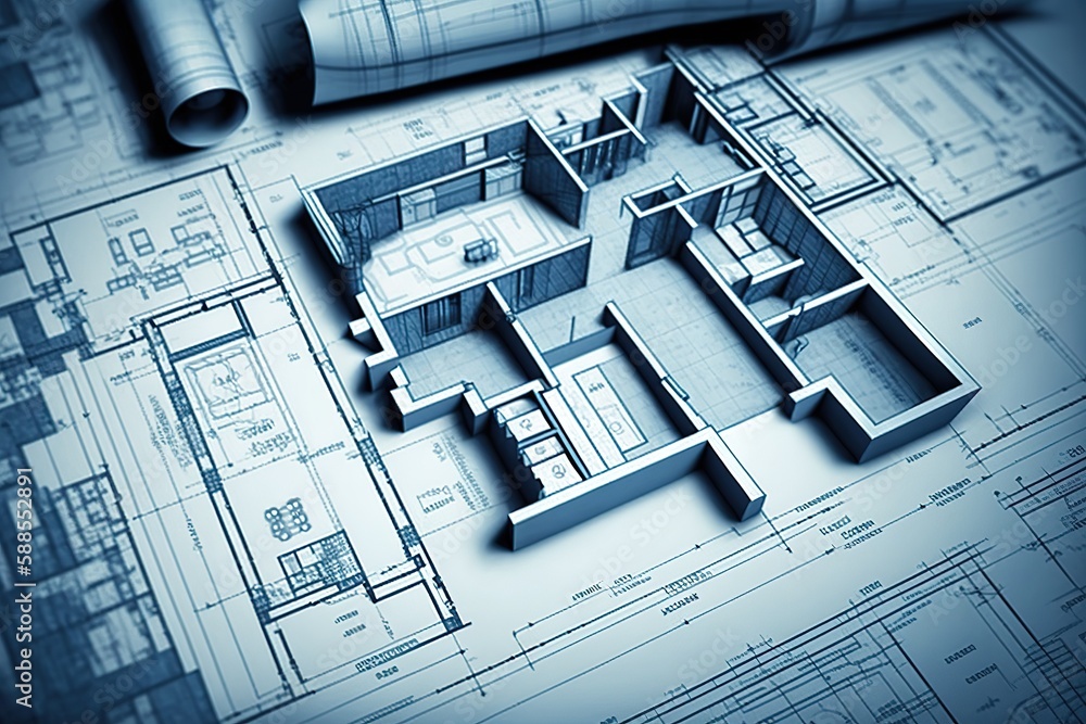 Poster image detail from blueprint showing a building's layout generative ai