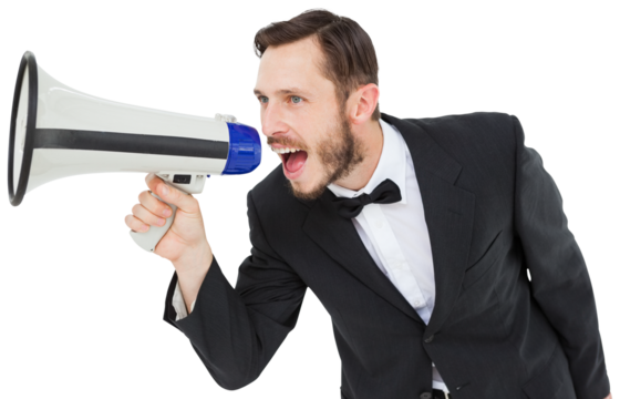 Geeky businessman shouting through megaphone - Powered by Adobe