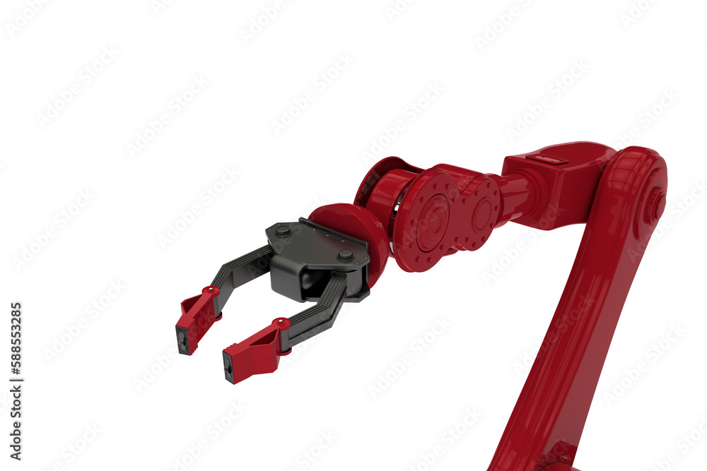 Poster digitally generated image of red robot arm with black claw