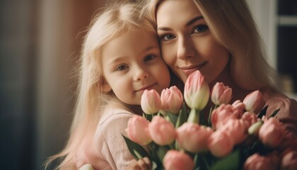 Fototapeta na wymiar Little girl holding flowers, hugging her mother and celebrating mother's day. Generative AI