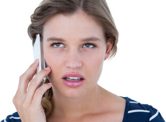 Unsmiling woman calling with her smartphone 