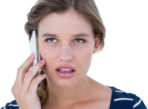 Unsmiling woman calling with her smartphone  - Powered by Adobe