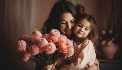 Little girl holding flowers, hugging her mother and celebrating mother's day. Generative AI