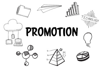 Promotion text surrounded by various vector icons