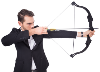 Elegant businessman shooting bow and arrow