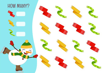 Counting educational children game, math kids activity sheet. How many objects task. Vector illustration of a cute snowman skating.
