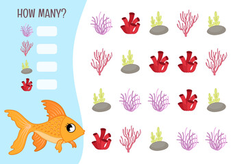 Counting educational children game, math kids activity sheet. How many objects task. Vector illustration of a cute goldfish.
