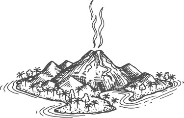 Erupting volcano with island and mountain sketch
