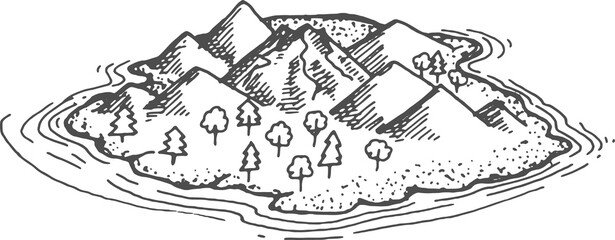 Island and mountain sketch sea and trees landscape