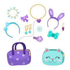 Matching children educational game. Arrange the jewelry in the makeup bag by color. Activity for pre sсhool years kids and toddlers.