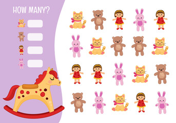 Fototapeta premium Counting educational children game, math kids activity sheet. How many objects task. Vector illustration of a cute rocking horse toy. 