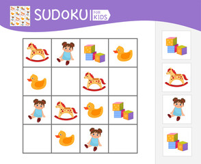 Sudoku game for children with pictures. Kids activity sheet. Vector illustration of cartoon toys.
