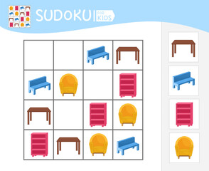 Sudoku game for children with pictures. Kids activity sheet. Vector illustration of cartoon furniture.
