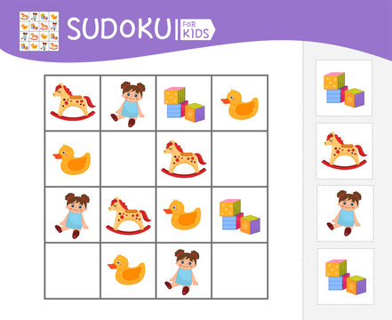 Sudoku game for children with pictures. Kids activity sheet. Vector illustration of cartoon toys.
