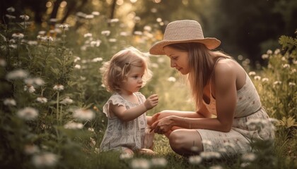 Mother and child spending quality time together in a natural setting, such as a park or garden. Mother's Day. Generative AI