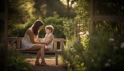 Naklejka premium Mother and child spending quality time together in a natural setting, such as a park or garden. Mother's Day. Generative AI