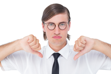 Geeky businessman looking at camera thumbs down 