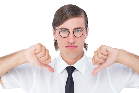 Geeky businessman looking at camera thumbs down 