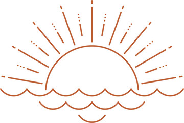 Sunset or sunrise boho logo, sun and sea icon