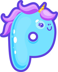 Letter P unicorn font, cartoon girls alphabet