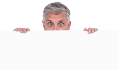 Casual man showing a poster