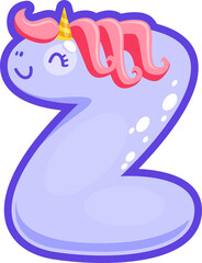 Z letter unicorn font ABC, cute character in wig