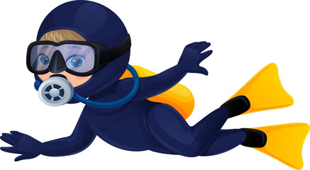 Diving cartoon scuba diver in snorkeling suit