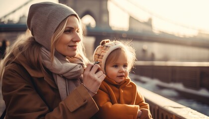 Obraz premium Mother and child exploring a new city or location together, with interesting sights and sounds in the background. Mother's Day. Generative AI